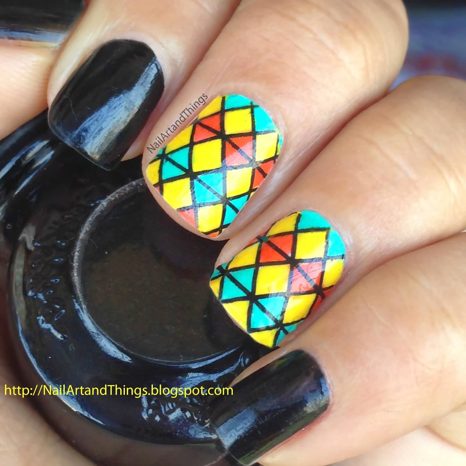 Orange Yellow And Blue Geometric Nail Art Design Idea