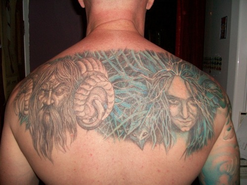 Pagan God And Goddess Tattoo On Upper Back For Men