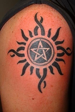 Pagan Pentagram Sun Tattoo On Shoulder