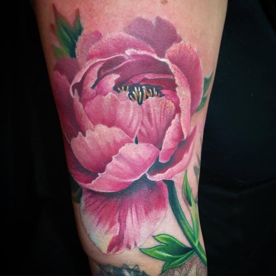 Peony Tattoo On Sleeve by Melissa Fusco