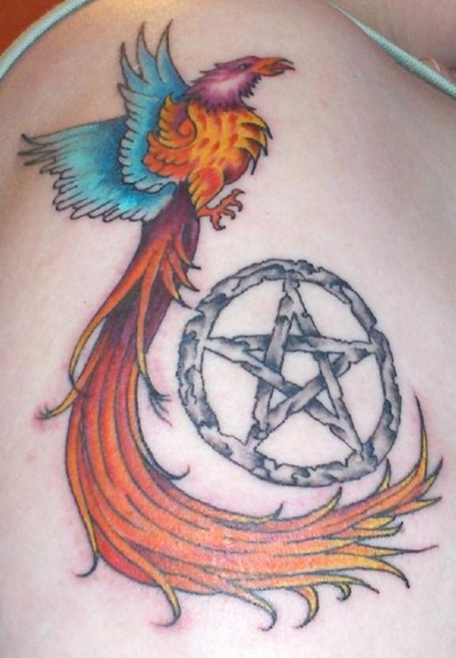 Phoenix And Pagan Tattoo On Right Shoulder
