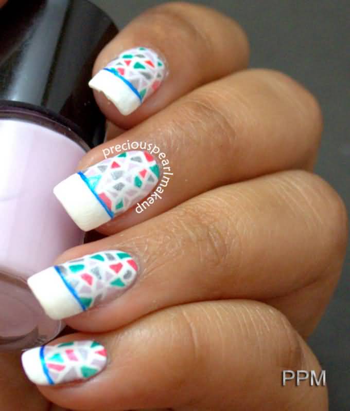 Pink And Blue Geometric Nail Art With White Tip Design Idea