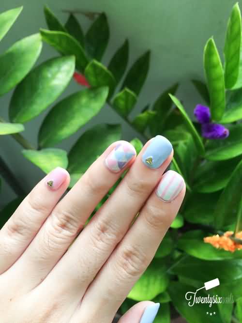 Pink And Blue Geometric Nail Art