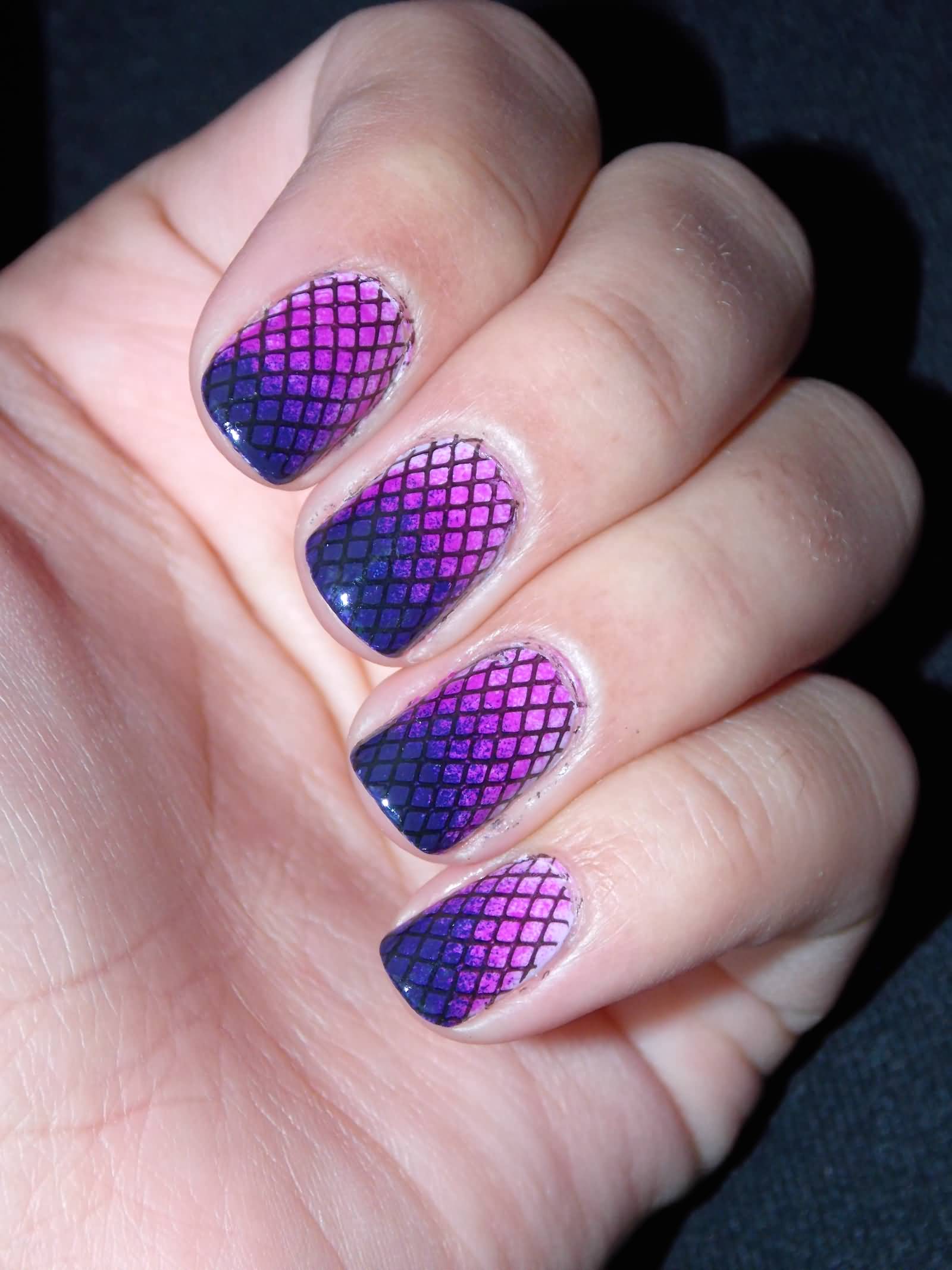 Pink And Purple Gradient Fishnet Nail Art Design