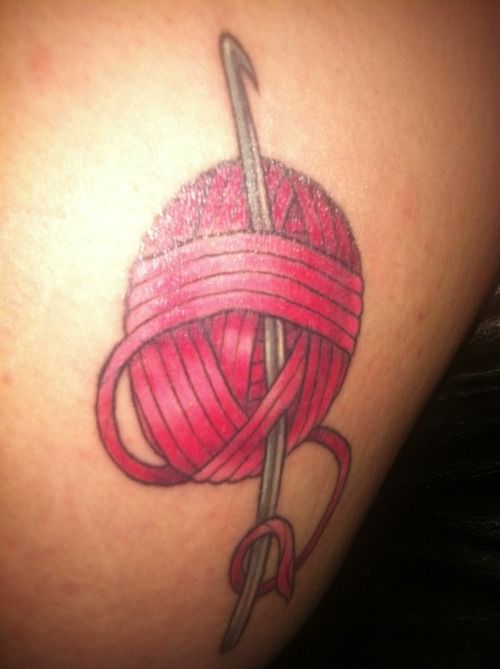 Pink Yarn Ball With Crochet Hook Tattoo