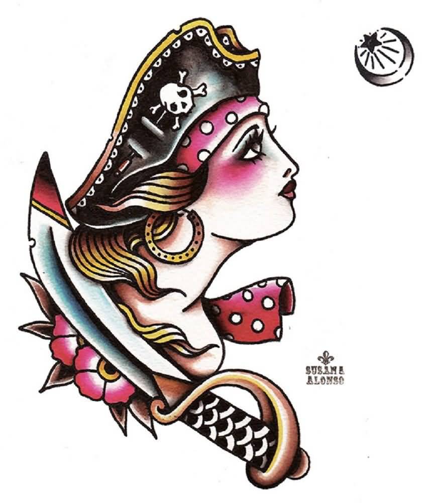 Pirate Girl Looking At Moon Traditional Tattoo Design By Susana Alonso