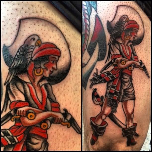Pirate Girl With Gun And Parrot Traditional Tattoo