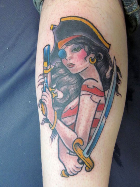Pirate Girl With Gun And Sword Traditional Tattoo On Arm Sleeve