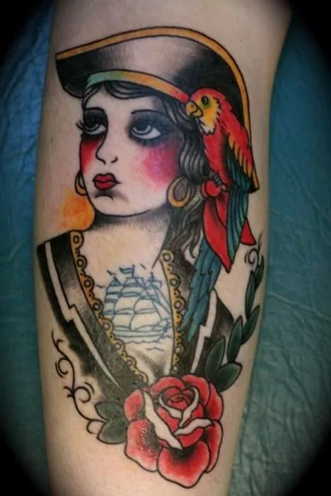 Pirate Girl With Parrot Traditional Tattoo