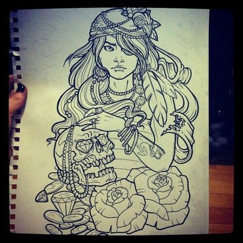 Pirate Girl With Skull Tattoo Stencil