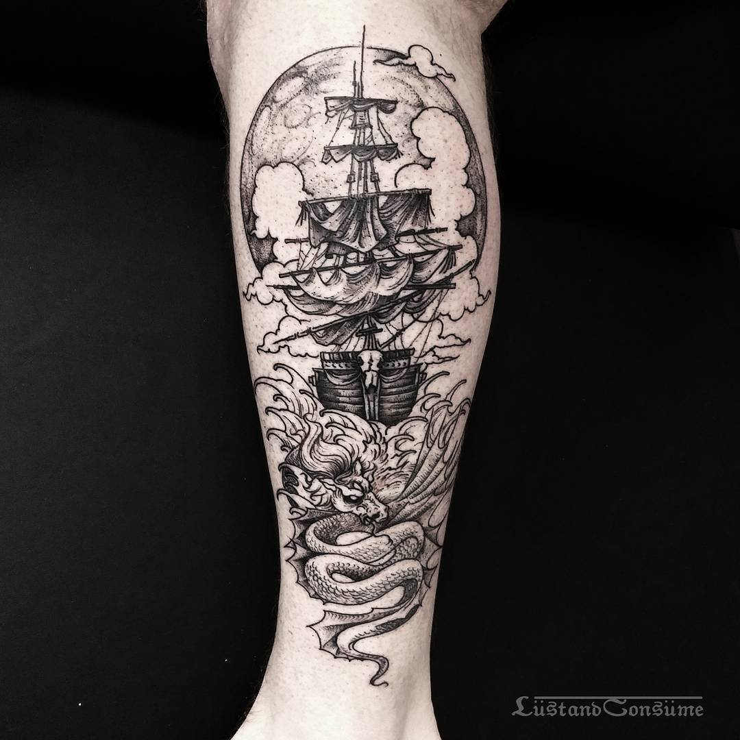 Pirate Ship And Sea Monster Tattoo On Leg