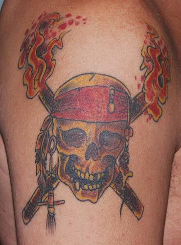 Pirate Skull And Crossed Torches Tattoo On Right Shoulder
