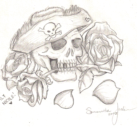 Pirate Skull And Rose Flower Tattoo Design