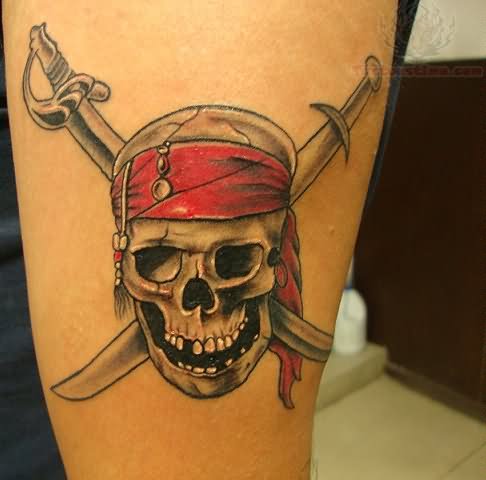 Pirate Skull With Cross Swords Tattoo On Right Half Sleeve
