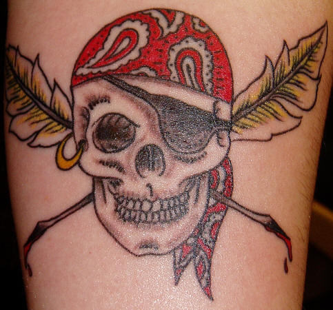 Pirate Skull With Crossed Feathers Tattoo