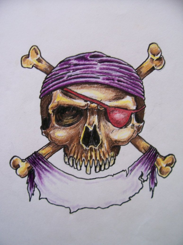 Pirate Skull With Purple Banner Tattoo Design