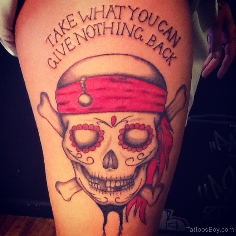 Pirate Sugar Skull With Lettering Tattoo