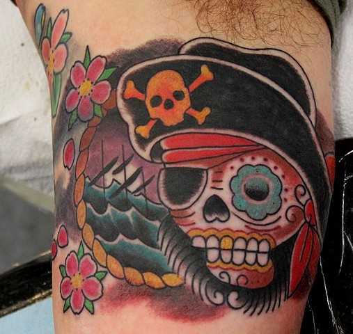 Pirate Sugar Skull With Sea View Traditional Tattoo