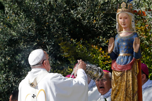 Pope Francis Blesses A Wooden Statue Of Mary In Campobasso, Italy During Assumption Of Virgin Mary