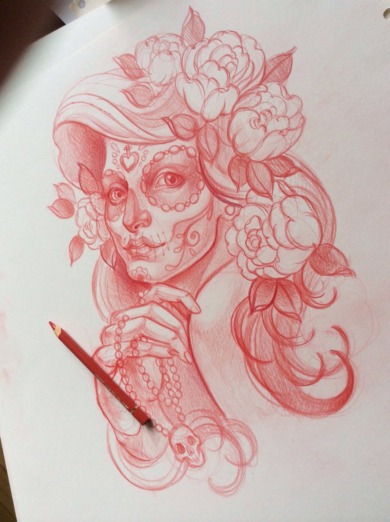 Pretty Catrina Red Color Tattoo Sketch By Xenija8