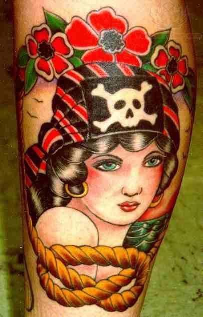 Pretty Rope And Pirate Girl Traditional Tattoo