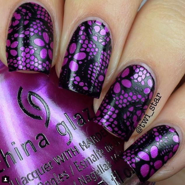 Purple And Black Flowers Nail Art Design