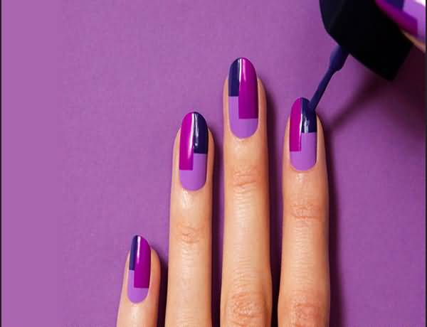 Purple And Blue Blocks Nail Art Design Idea