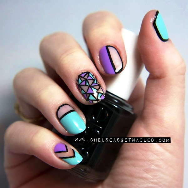 Purple And Blue Geometric Nail Art Design
