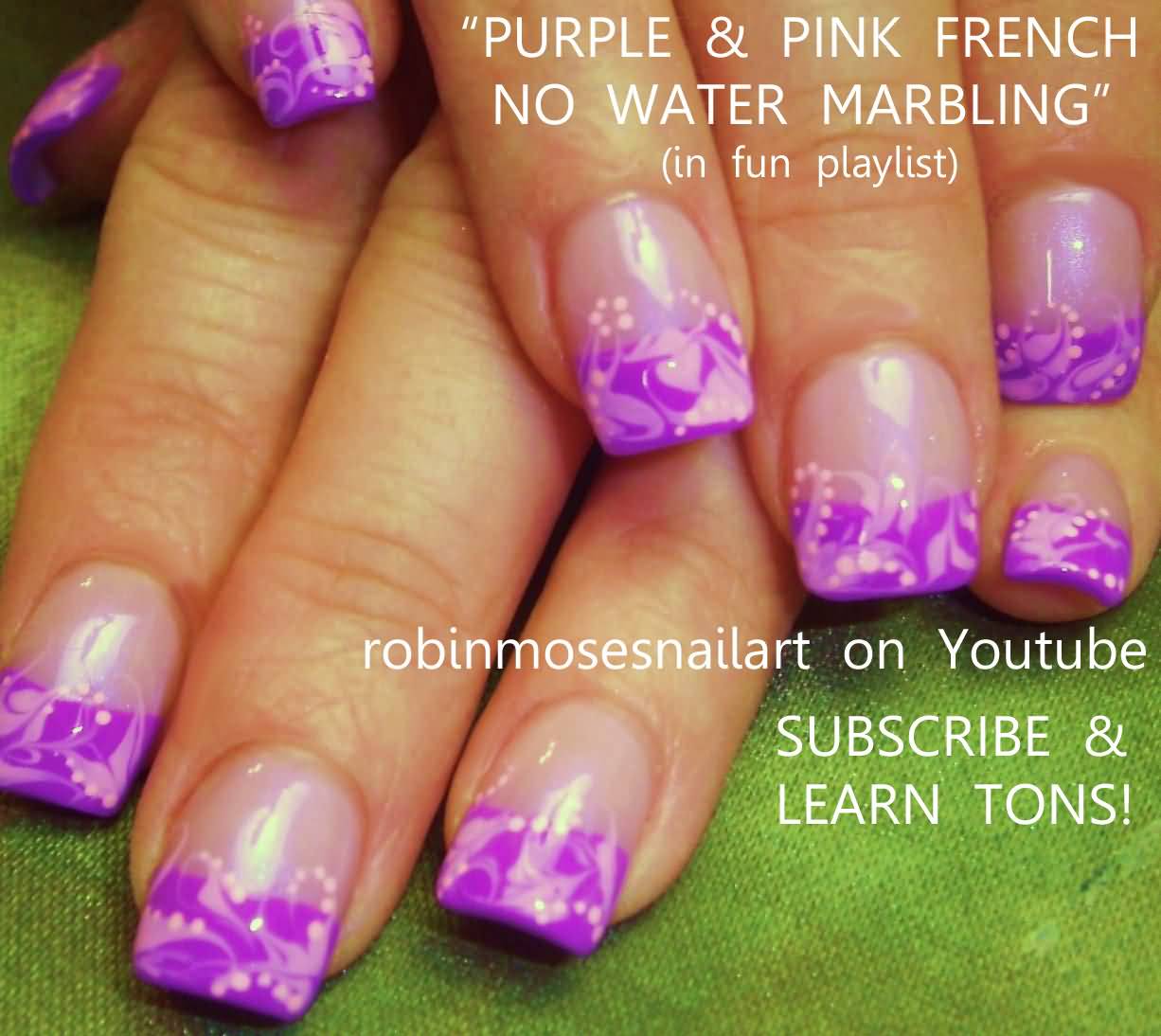 Purple And Pink French No Water Marbling Nail Art