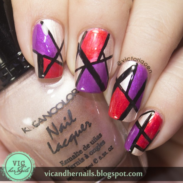 Purple And Red Geometric Nail Art Design Idea