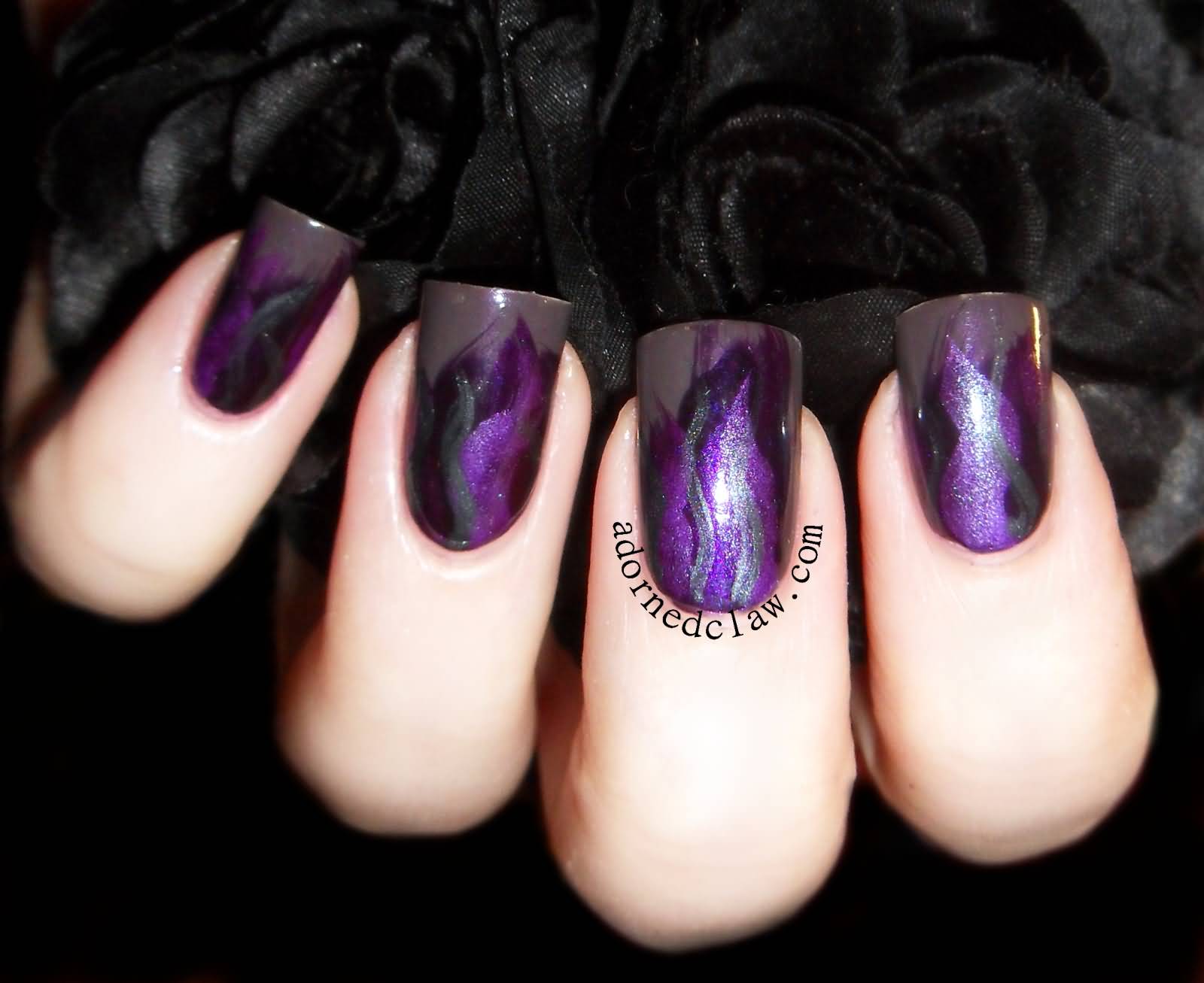 Purple And Silver Brushstroke Nail Art
