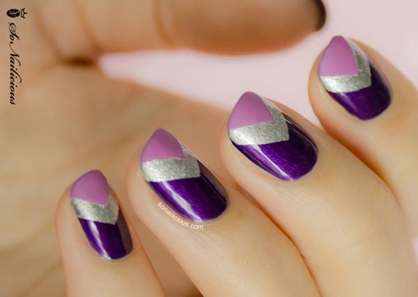 Purple And Silver Chevron Design Nail Art Idea