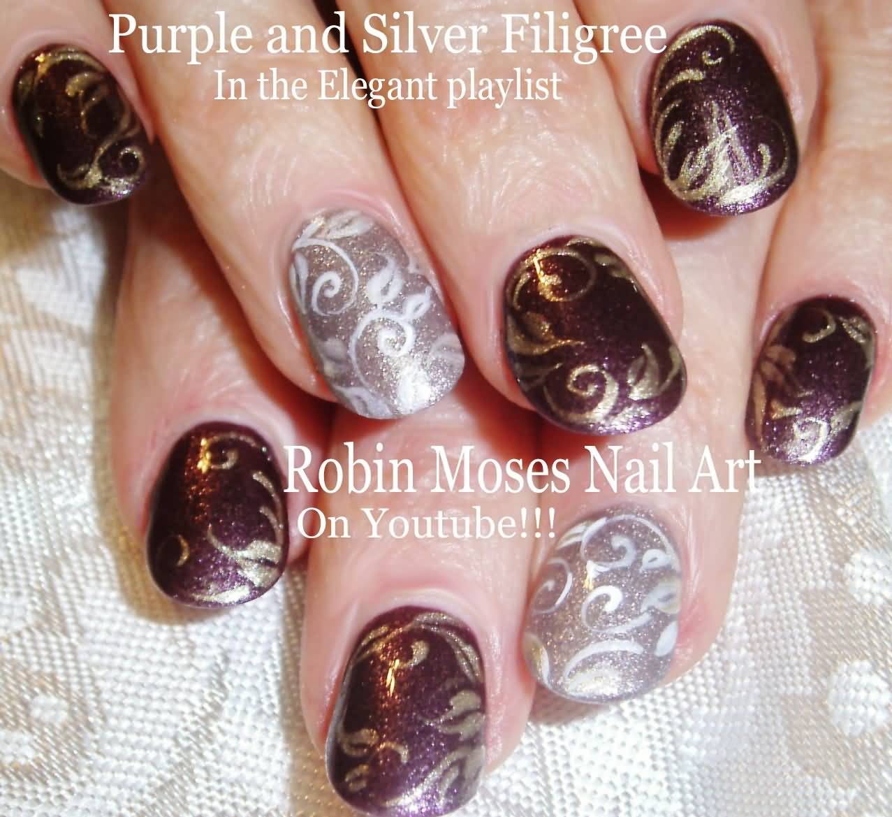 Purple And Silver Filigree Nail Art