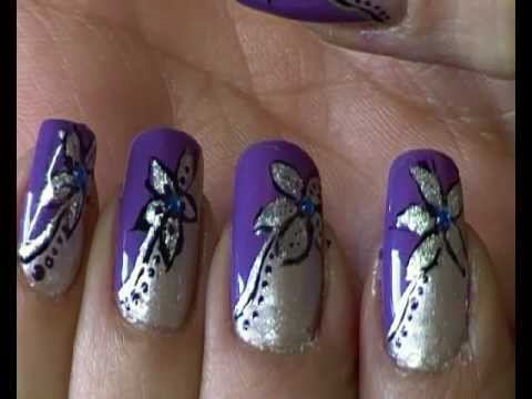 Purple And Silver Flower Nail Art Design Idea