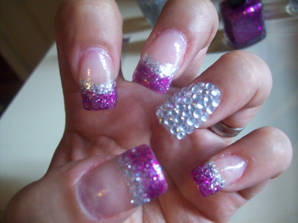 Purple And Silver Glitter French Tip Nails With Accent Crystals Design Idea