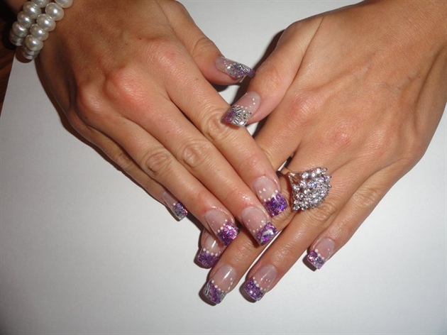 Purple And Silver Glitter French Tip Nail Art Idea