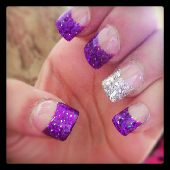 Purple And Silver Glitter French Tip Nail Art