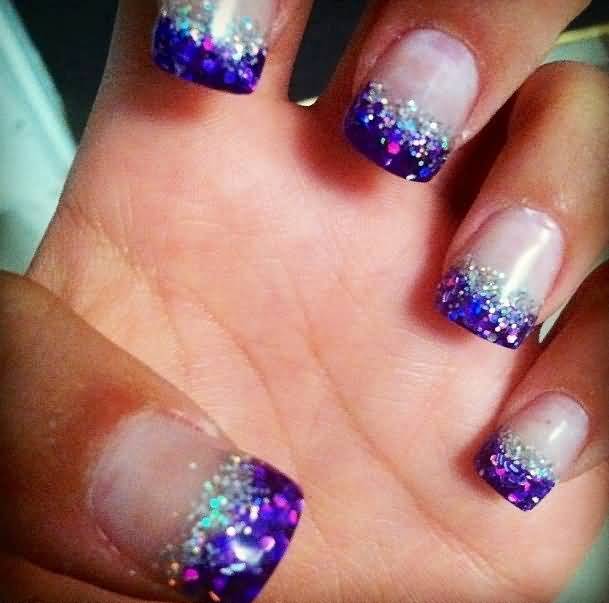 Purple And Silver Glitter Tips Nail Art