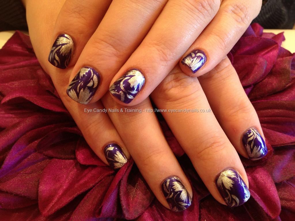 Purple And Silver Leaves Nail Art For Short Nails