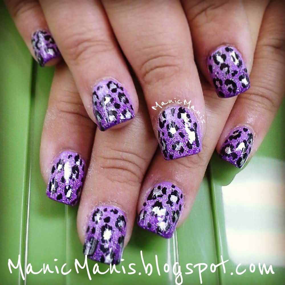 Purple And Silver Leopard Print Nail Art