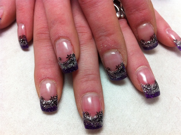 Purple And Silver Nails With Black Flowers Nail Art