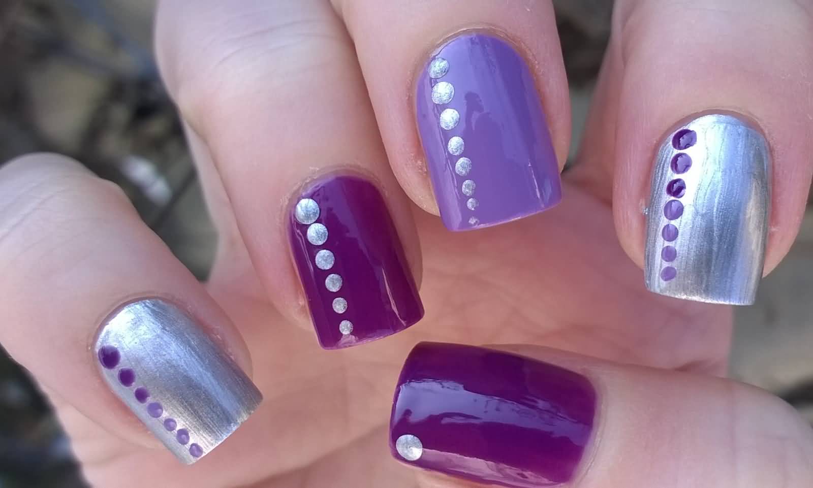 Purple And Silver Polka Dots Nail Art Design Idea