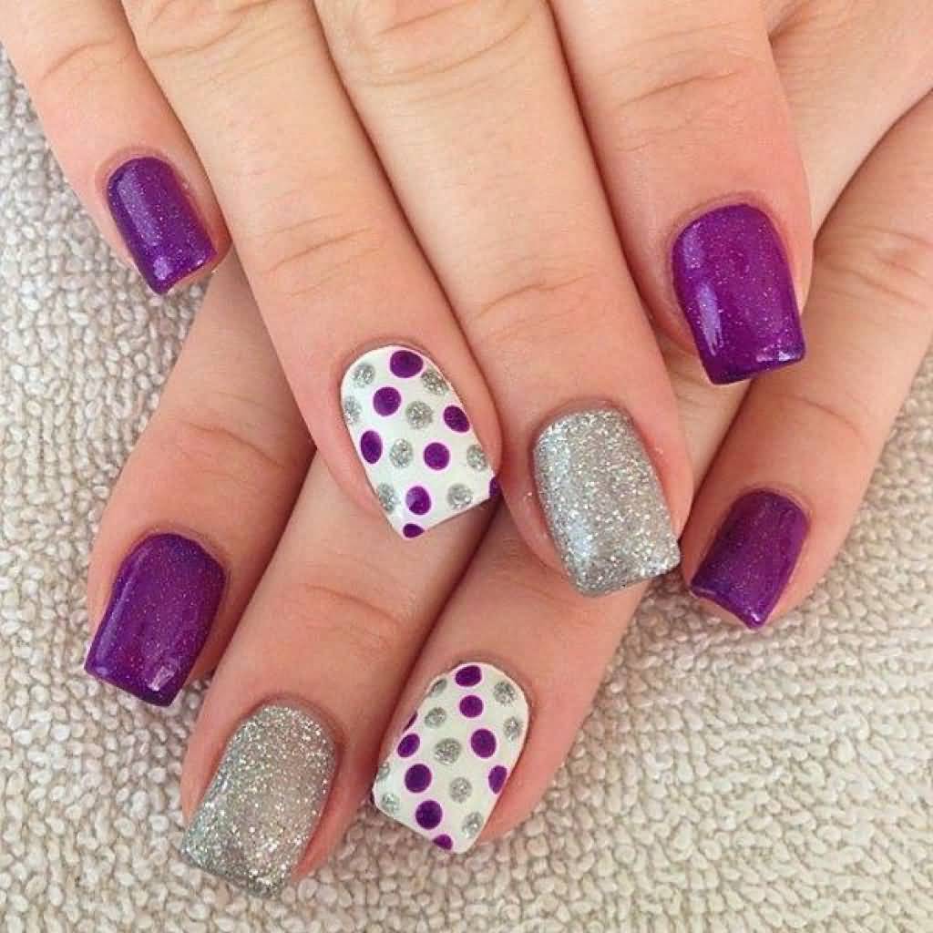 Purple And Silver Polka Dots Nail Idea