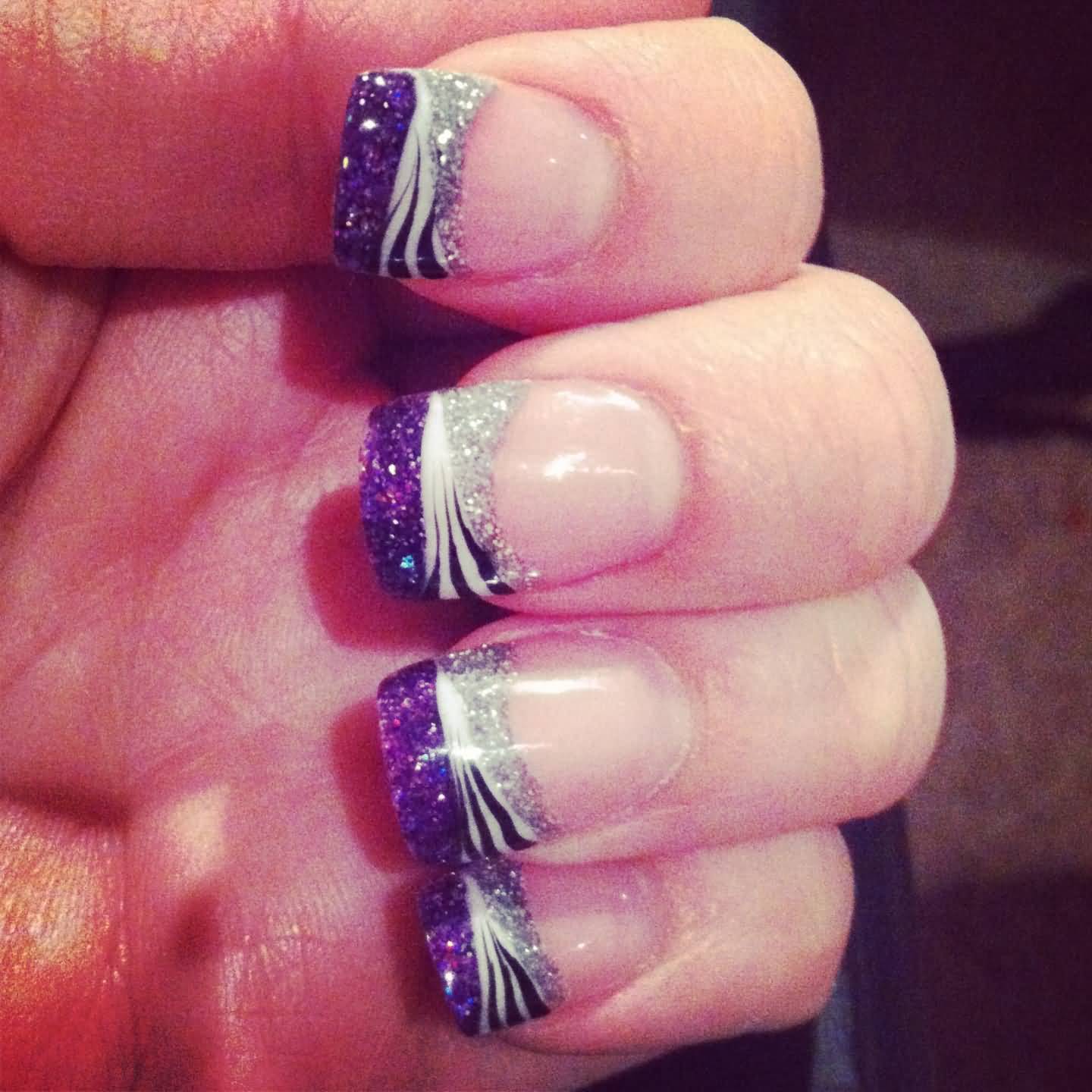 Purple And Silver Zebra Stripes Tip Nail Art