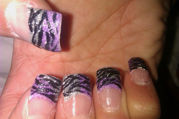 Purple And Sliver Glitter Zebra Print Nail Art