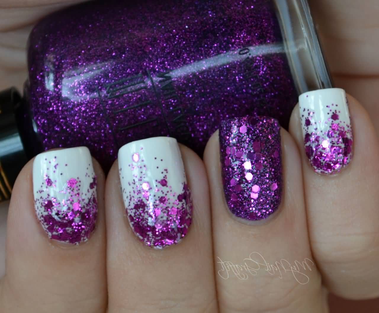 Purple And White Glitter Nail Idea