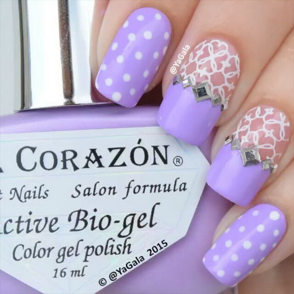 Purple And White Polka Dots And Lace Design Nail Art