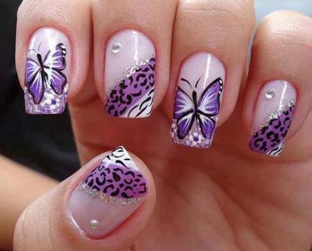 Purple Butterfly And Leopard Print Nail Art