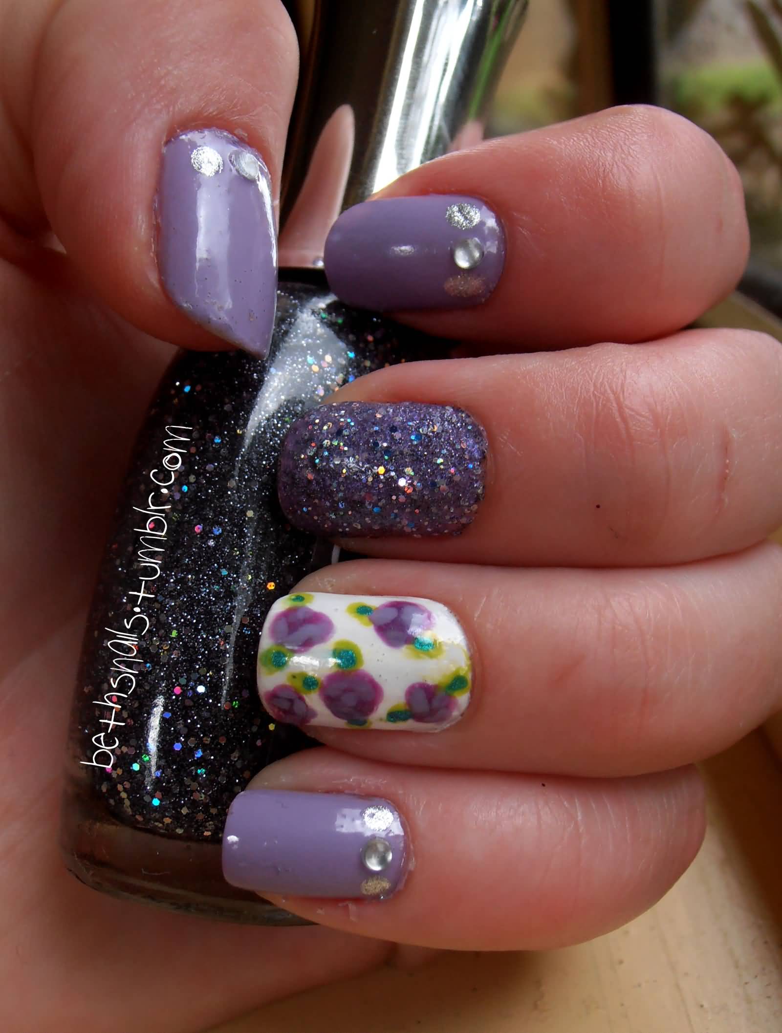 Purple Floral And Glitter Nail Art By Besweetxo