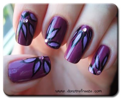 Purple Flower And Rhinestones Nail Art